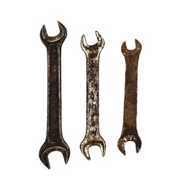 Eski paslı flamalar beyaz arka planda izole edilmiş. İngiliz anahtarı kapat.