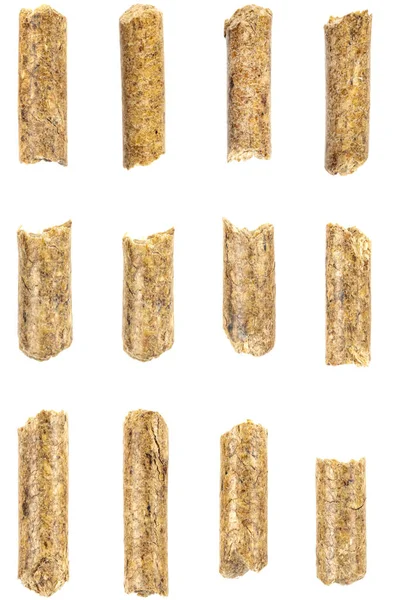 Collage Trä Pellets Isolerad Vit Bakgrund Naturlig Stapel Träpellets Ekologiska — Stockfoto