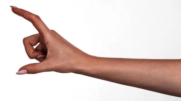Vrouwelijke Zwarte Handen Geïsoleerde Witte Achtergrond Tonen Gebaar Houdt Iets — Stockfoto