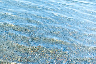 Deniz mavisi su yüzeyi ve kıyıya yakın dalgalar. Arkaplan dokusu.