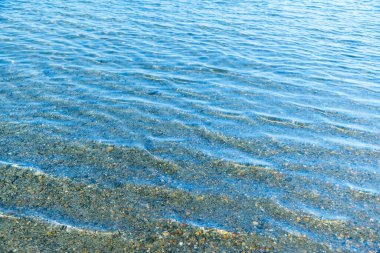 Deniz mavisi su yüzeyi ve kıyıya yakın dalgalar. Arkaplan dokusu.