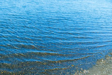 Deniz mavisi su yüzeyi ve kıyıya yakın dalgalar. Arkaplan dokusu.