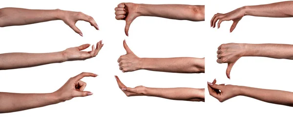 Mehrere Bilder Stellen Weibliche Schwarze Hände Isoliert Weißen Hintergrund Der — Stockfoto