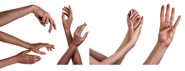 Plusieurs Images Mettent Les Mains Noires Féminines Isolées Fond Blanc — Photo