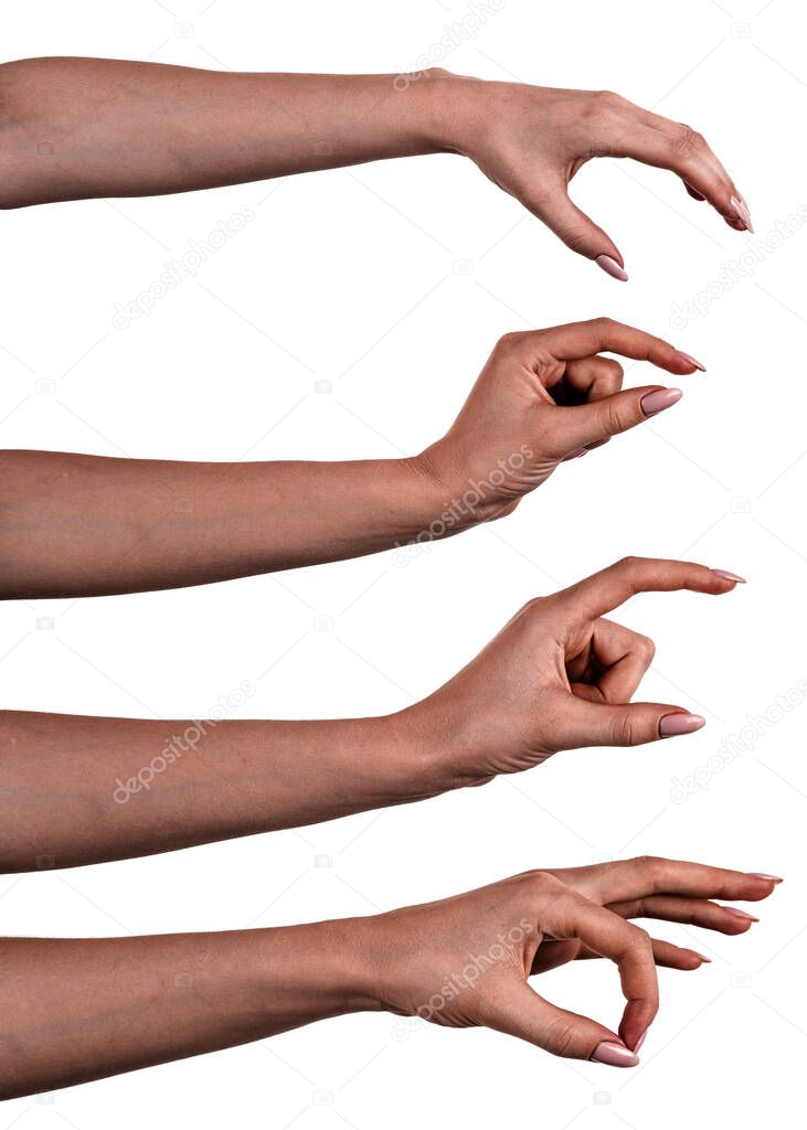 Multiple images set female black hands isolated white background showing different gestures. Collage of hands of a african woman  with manicure