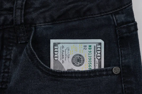 Hundra Dollar Sedel Pengar Ficka Jeans Byxor Bakgrund Struktur 100 — Stockfoto