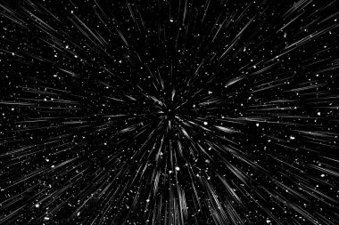 Bokeh beyaz çizgileri ve siyah arkaplan üzerindeki noktalar, soyut ışık hareketi bulanık dokusu, parçacık veya uzay yolculuğu, siyah ve beyaz ekstrüzyon etkisi