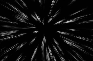 Siyah arkaplandaki Bokeh beyaz çizgileri. Soyut ışık hızı hareket bulanık dokusu. Yıldız parçacığı veya uzay yolculuğu