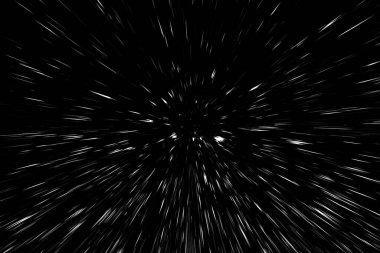 Siyah arkaplan üzerindeki Bokeh beyaz çizgileri, soyut hız ışık hareketi bulanık dokusu, parçacık veya uzay yolculuğu, siyah ve beyaz ekstrüzyon etkisi