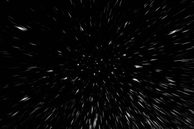 Siyah arkaplan üzerindeki Bokeh beyaz çizgileri, soyut hız ışık hareketi bulanık dokusu, parçacık veya uzay yolculuğu, siyah ve beyaz ekstrüzyon etkisi