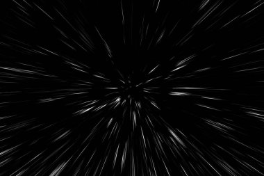 Siyah arkaplan üzerindeki Bokeh beyaz çizgileri, soyut hız ışık hareketi bulanık dokusu, parçacık veya uzay yolculuğu, siyah ve beyaz ekstrüzyon etkisi