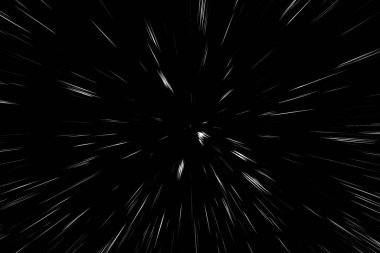 Siyah arkaplan üzerindeki Bokeh beyaz çizgileri, soyut hız ışık hareketi bulanık dokusu, parçacık veya uzay yolculuğu, siyah ve beyaz ekstrüzyon etkisi