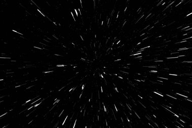 Siyah arkaplan üzerindeki Bokeh beyaz çizgileri, soyut hız ışık hareketi bulanık dokusu, parçacık veya uzay yolculuğu, siyah ve beyaz ekstrüzyon etkisi