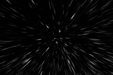 Siyah arkaplan üzerindeki Bokeh beyaz çizgileri, soyut hız ışık hareketi bulanık dokusu, parçacık veya uzay yolculuğu, siyah ve beyaz ekstrüzyon etkisi