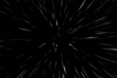 Siyah arkaplan üzerindeki Bokeh beyaz çizgileri, soyut hız ışık hareketi bulanık dokusu, yıldız parçacığı veya uzay yolculuğu, siyah ve beyaz ekstrüzyon etkisi