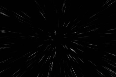 Siyah arkaplan üzerindeki Bokeh beyaz çizgileri, soyut hız ışık hareketi bulanık dokusu, yıldız parçacığı veya uzay yolculuğu, siyah ve beyaz ekstrüzyon etkisi
