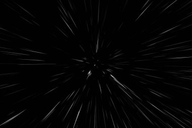 Siyah arkaplan üzerindeki Bokeh beyaz çizgileri, soyut hız ışık hareketi bulanık dokusu, yıldız parçacığı veya uzay yolculuğu, siyah ve beyaz ekstrüzyon etkisi