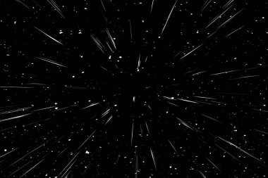 Siyah arkaplan üzerindeki Bokeh beyaz çizgileri, soyut hız ışık hareketi bulanık dokusu, yıldız parçacığı veya uzay yolculuğu, siyah ve beyaz ekstrüzyon etkisi