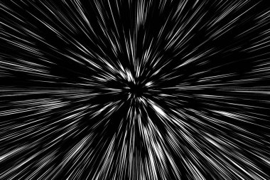 Siyah arkaplan üzerindeki Bokeh beyaz çizgileri, soyut hız ışık hareketi bulanık dokusu, yıldız parçacığı veya uzay yolculuğu, siyah ve beyaz ekstrüzyon etkisi