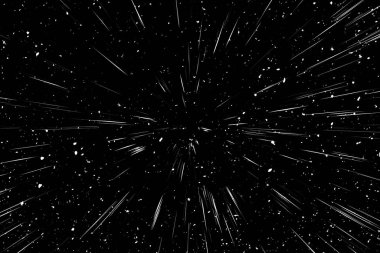 Siyah arkaplan üzerindeki Bokeh beyaz çizgileri, soyut hız ışık hareketi bulanık dokusu, yıldız parçacığı veya uzay yolculuğu, siyah ve beyaz ekstrüzyon etkisi