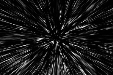 Siyah arkaplan üzerindeki Bokeh beyaz çizgileri, soyut hız ışık hareketi bulanık dokusu, yıldız parçacığı veya uzay yolculuğu, siyah ve beyaz ekstrüzyon etkisi