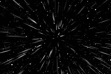 Siyah arkaplan üzerindeki Bokeh beyaz çizgileri, soyut hız ışık hareketi bulanık dokusu, yıldız parçacığı veya uzay yolculuğu, siyah ve beyaz ekstrüzyon etkisi