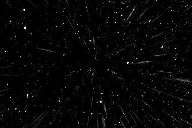 Siyah arkaplan üzerindeki Bokeh beyaz çizgileri, soyut hız ışık hareketi bulanık dokusu, yıldız parçacığı veya uzay yolculuğu, siyah ve beyaz ekstrüzyon etkisi