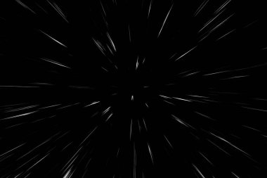 Siyah arkaplan üzerindeki Bokeh beyaz çizgileri, soyut hız ışık hareketi bulanık dokusu, yıldız parçacığı veya uzay yolculuğu, siyah ve beyaz ekstrüzyon etkisi