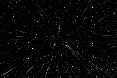 Siyah arkaplan üzerindeki Bokeh beyaz çizgileri, soyut hız ışık hareketi bulanık dokusu, yıldız parçacığı veya uzay yolculuğu, siyah ve beyaz ekstrüzyon etkisi