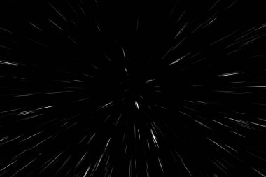 Siyah arkaplan üzerindeki Bokeh beyaz çizgileri, soyut hız ışık hareketi bulanık dokusu, yıldız parçacığı veya uzay yolculuğu, siyah ve beyaz ekstrüzyon etkisi