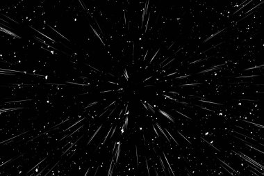 Siyah arkaplan üzerindeki Bokeh beyaz çizgileri, soyut hız ışık hareketi bulanık dokusu, yıldız parçacığı veya uzay yolculuğu, siyah ve beyaz ekstrüzyon etkisi