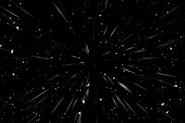 Siyah arkaplan üzerindeki Bokeh beyaz çizgileri, soyut hız ışık hareketi bulanık dokusu, yıldız parçacığı veya uzay yolculuğu, siyah ve beyaz ekstrüzyon etkisi