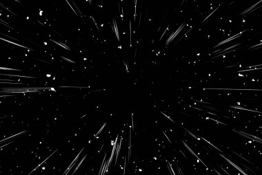 Siyah arkaplan üzerindeki Bokeh beyaz çizgileri, soyut hız ışık hareketi bulanık dokusu, yıldız parçacığı veya uzay yolculuğu, siyah ve beyaz ekstrüzyon etkisi
