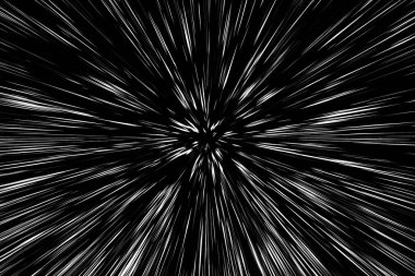 Siyah arkaplan üzerindeki Bokeh beyaz çizgileri, soyut hız ışık hareketi bulanık dokusu, yıldız parçacığı veya uzay yolculuğu, siyah ve beyaz ekstrüzyon etkisi