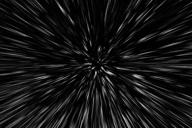 Siyah arkaplan üzerindeki Bokeh beyaz çizgileri, soyut hız ışık hareketi bulanık dokusu, yıldız parçacığı veya uzay yolculuğu, siyah ve beyaz ekstrüzyon etkisi