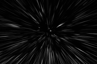 Siyah arkaplan üzerindeki Bokeh beyaz çizgileri, soyut hız ışık hareketi bulanık dokusu, yıldız parçacığı veya uzay yolculuğu, siyah ve beyaz ekstrüzyon etkisi