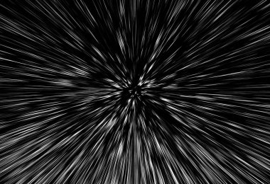 Siyah arkaplan üzerindeki Bokeh beyaz çizgileri, soyut hız ışık hareketi bulanık dokusu, yıldız parçacığı veya uzay yolculuğu, siyah ve beyaz ekstrüzyon etkisi