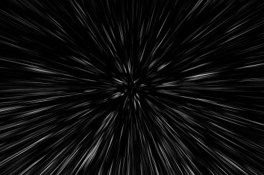 Siyah arkaplan üzerindeki Bokeh beyaz çizgileri, soyut hız ışık hareketi bulanık dokusu, yıldız parçacığı veya uzay yolculuğu, siyah ve beyaz ekstrüzyon etkisi