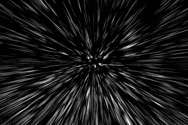 Siyah arkaplan üzerindeki Bokeh beyaz çizgileri, soyut hız ışık hareketi bulanık dokusu, yıldız parçacığı veya uzay yolculuğu, siyah ve beyaz ekstrüzyon etkisi