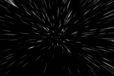 Siyah arkaplan üzerindeki Bokeh beyaz çizgileri, soyut hız ışık hareketi bulanık dokusu, yıldız parçacığı veya uzay yolculuğu, siyah ve beyaz ekstrüzyon etkisi
