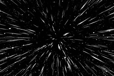 Siyah arkaplan üzerindeki Bokeh beyaz çizgileri, soyut hız ışık hareketi bulanık dokusu, yıldız parçacığı veya uzay yolculuğu, siyah ve beyaz ekstrüzyon etkisi
