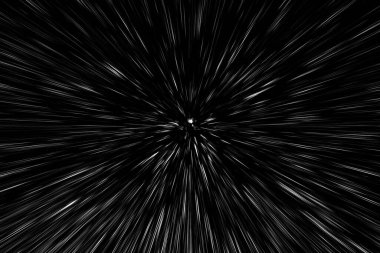 Siyah arkaplan üzerindeki Bokeh beyaz çizgileri, soyut hız ışık hareketi bulanık dokusu, yıldız parçacığı veya uzay yolculuğu, siyah ve beyaz ekstrüzyon etkisi