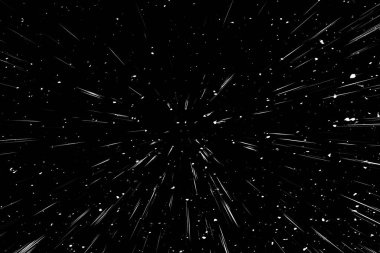 Siyah arkaplan üzerindeki Bokeh beyaz çizgileri, soyut hız ışık hareketi bulanık dokusu, yıldız parçacığı veya uzay yolculuğu, siyah ve beyaz ekstrüzyon etkisi