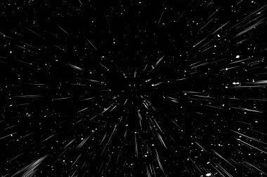 Siyah arkaplan üzerindeki Bokeh beyaz çizgileri, soyut hız ışık hareketi bulanık dokusu, yıldız parçacığı veya uzay yolculuğu, siyah ve beyaz ekstrüzyon etkisi
