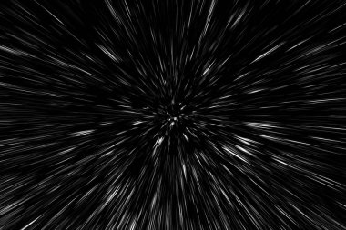 Siyah arkaplan üzerindeki Bokeh beyaz çizgileri, soyut hız ışık hareketi bulanık dokusu, yıldız parçacığı veya uzay yolculuğu, siyah ve beyaz ekstrüzyon etkisi