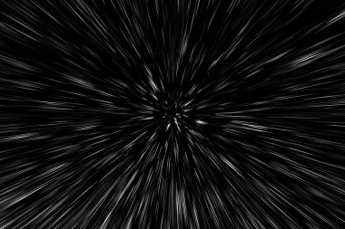 Siyah arkaplan üzerindeki Bokeh beyaz çizgileri, soyut hız ışık hareketi bulanık dokusu, yıldız parçacığı veya uzay yolculuğu, siyah ve beyaz ekstrüzyon etkisi