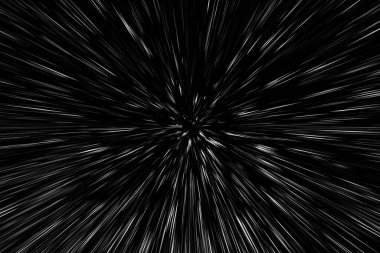 Siyah arkaplan üzerindeki Bokeh beyaz çizgileri, soyut hız ışık hareketi bulanık dokusu, yıldız parçacığı veya uzay yolculuğu, siyah ve beyaz ekstrüzyon etkisi