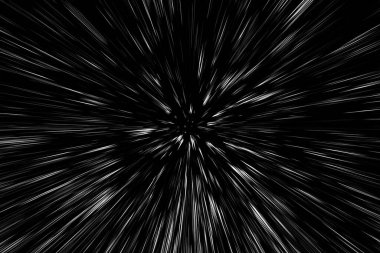 Siyah arkaplan üzerindeki Bokeh beyaz çizgileri, soyut hız ışık hareketi bulanık dokusu, yıldız parçacığı veya uzay yolculuğu, siyah ve beyaz ekstrüzyon etkisi