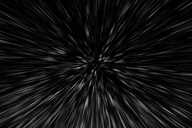 Siyah arkaplan üzerindeki Bokeh beyaz çizgileri, soyut hız ışık hareketi bulanık dokusu, yıldız parçacığı veya uzay yolculuğu, siyah ve beyaz ekstrüzyon etkisi