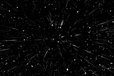 Siyah arkaplan üzerindeki Bokeh beyaz çizgileri, soyut hız ışık hareketi bulanık dokusu, yıldız parçacığı veya uzay yolculuğu, siyah ve beyaz ekstrüzyon etkisi